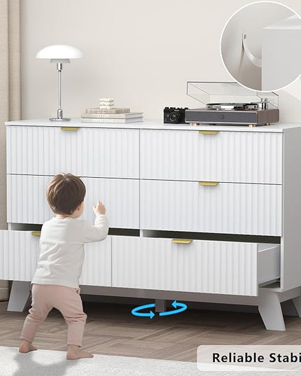 BORNOON Fluted 6 Drawer Dresser, 47.2" Wide Modern Boho Chest of Drawers, Wooden Storage Dresser TV Stand for Bedroom, Living Room, Closet, Hallway, Curved Profile Design