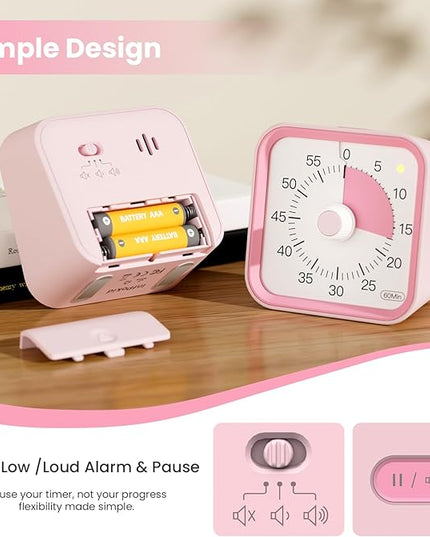 InfPokid Visual Timer for Kids with Pause Function, 60 Minute Countdown Timer for Kids Desk Study, Teaching, Kitchen Cooking, Office Meetings, Time Management for ADHD (Pink)