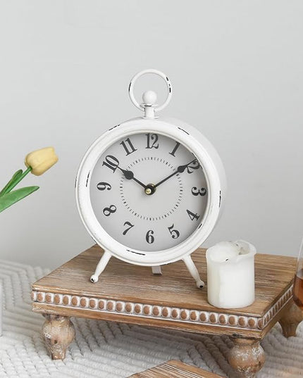 MACVAD Small white table clock Vintage Rustic White Table Clock on Stand, Decorative Desk and Shelf Clock Farmhouse Mantel Clock Rustic Non-Ticking Clock