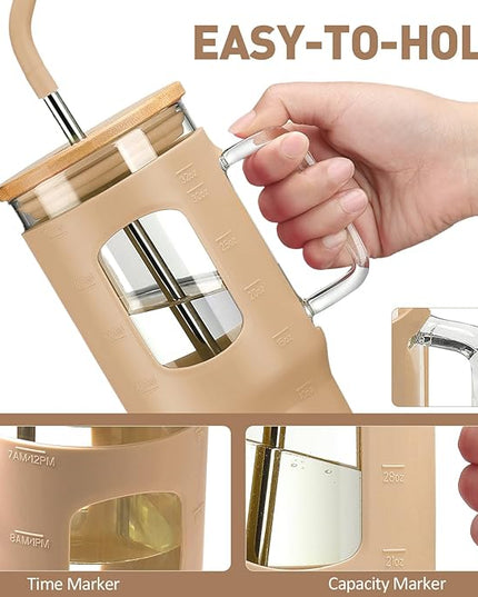 Glass Tumbler with Lid, 32 oz Glass Cup with Handle, Glass Water Bottles with Time Marker, 2 Straws - Pearl Straw & Silicone Protective Sleeve - Amber