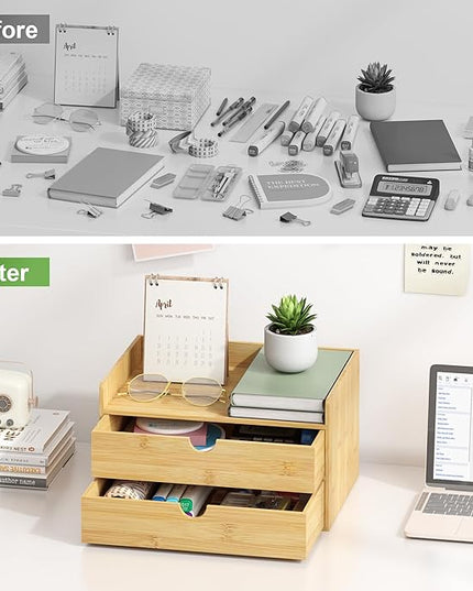 Bamboo Desk Organizer with Drawers Desktop Storage Drawers for Bills Office Supplies Kitchen Utensils Organizing Tool for Home Classroom Organization No Assembly (Nature 2 Drawer)