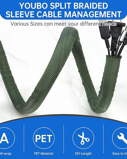 YOUBO Split Braided Cable Sleeve，Flexible Wire Loom Tubing, Automotive Cord Protector Pet Proof, Cable Management for Computer TV Electric Wires Harness 16ft (Dark Green, 25mm（1")