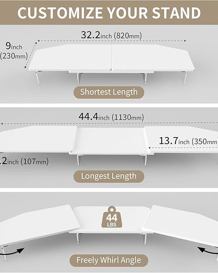 LED Dual Monitor Stand Riser for 2 Monitors, Office Desktop Wooden Stand Adjustable Length and Angle 3 Shelf, Extra Long Multifunctional Stand up to 44.4" for Computer, Laptop, TV, White