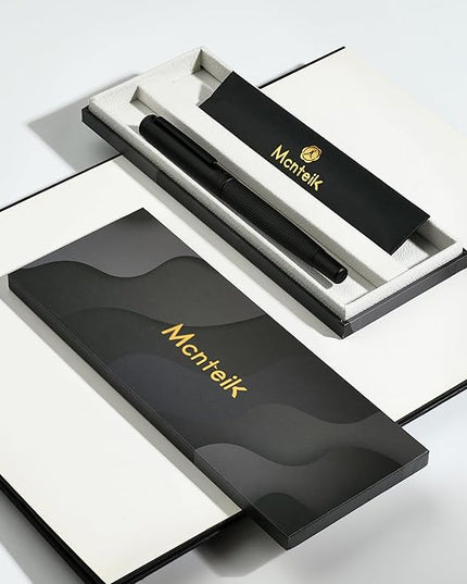 MCNTEIK Matte Black Forest Fountain Pen, Exquisite Vertical Grooving Design, 18K Gilded Nib (Fine), Fancy Pen Gift Set for Men & Women, Professional, Business Signature, Office, Nice Designer Pens