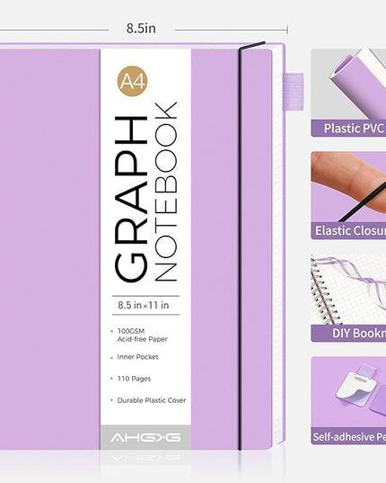 AHGXG Graph Paper Notebook - Spiral Notebook 8.5" x 11", A4 Large Graph Notebook, 100 gsm Thick Grid Paper, Waterproof Plastic Cover Journals for School Writing Engineering Math, Purple