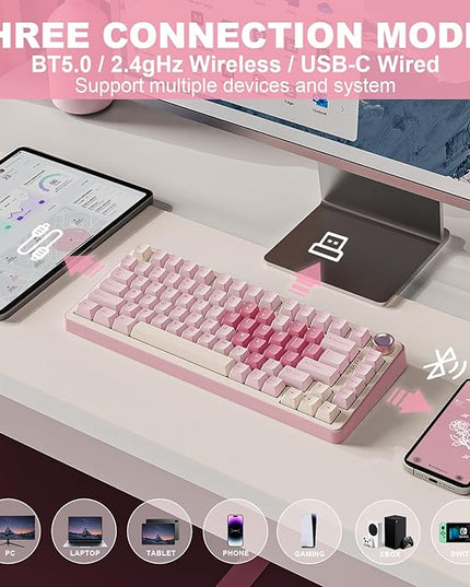 YUNZII B75 PRO Wireless Mechanical Keyboard,75% Layout with Knob,Hot Swap Gasket Custom Structure,Creamy Pre-lubed Switches,RGB Backlit,Bluetooth/Type-C/2.4G for Win/Mac(Cocoa Cream V2 Switch,Pink)