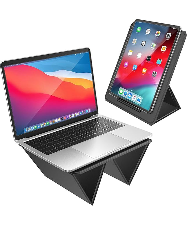 AboveTEK Ergonomic Laptop Stand & Tablet Holder for Desk,Portable Foldable Computer Riser,Adjustable Angle Travel Stand for MacBook Air/Pro,iPad,Fits 13-16 inch Devices,Ultra-Sleek PU Leather-(Black)