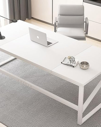 HSH 70 Inch Long White Computer Desk, Modern Large Executive Work Writing Study Gaming Desk for Home Office, Industrial Metal Wooden Two Person Desk Dual Monitor Workstation in Bedroom Living Room