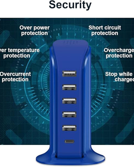 USB Charging Station Upoy, 6 Ports Charging Blocks, USB Power Hub with C Port, Charging Dock for Electronics Organizer, Multi Charger 40W, Compatible with Kindle, iPhone, Ipad, Airpods, Tech Gadgets