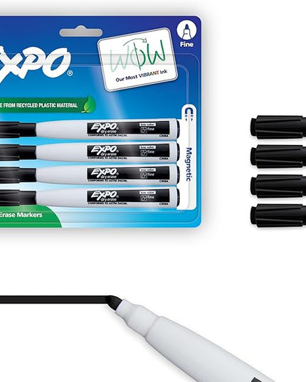 Expo Magnetic Dry Erase Markers with Eraser Fine Tip Black 4 Count
