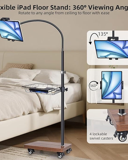 wishacc Adjustable Floor Tablet Stand with Rolling Base, Flexible Gooseneck Mount, Wood Platform, Mobile Device Holder for Indoor Use