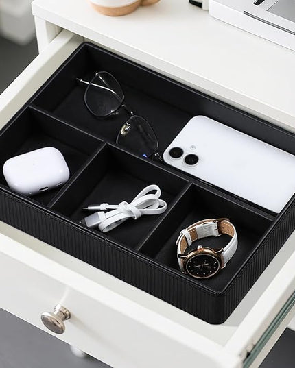 NICLNGSH PU Leather Valet Tray, Decorative Trinket Vanity Desk Drawer Organizer Tray, Perfume Dish Catch All Bowl for Keys, Nightstand Drawer Organizer Women Men with 4 Compartments (Black)