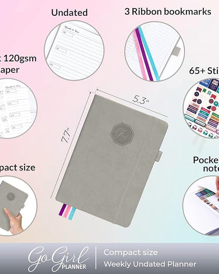 GoGirl Planner and Organizer for Women – Compact Size Weekly Planner, Goals Journal & Agenda to Improve Time Management, Productivity & Live Happier. Undated – Start Anytime, Lasts 1 Year – Gray