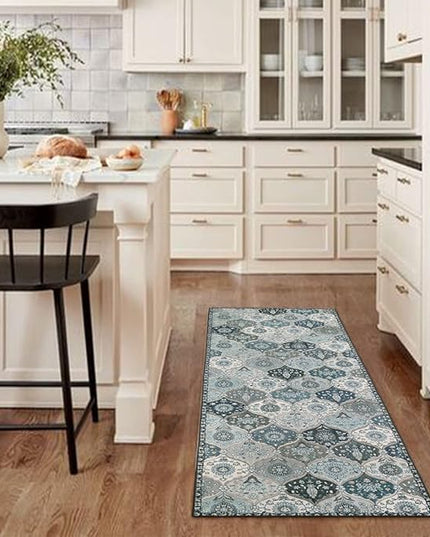 Lahome Moroccan Washable Runner Rug, 2'5''x8' Ultra-Thin Vintage Kitchen Runners for Hallways, Oriental Non-Slip Hallway Rug Carpet for Entryway Bedroom Laundry Room Foyer, Blue