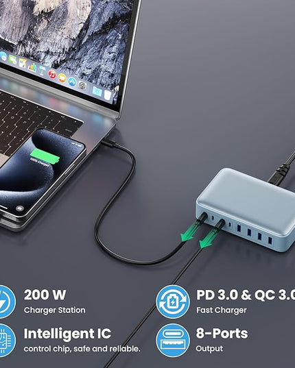 USB C Charger 200W USB C Charger Block,Upgraded GaN III 8-Port Fast Charging Station Hub,PD 65W Laptop Charging Adapter Compatible with MacBook Pro/Air,DELL,Steam Deck,iPhone 16/15/14,Galaxy S23/22