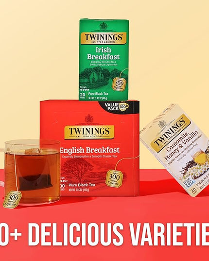 Twinings English Breakfast Black Tea Individually Wrapped Bags, 100 Count (Pack of 1), Smooth, Flavourful, and Robust, Caffeinated, Enjoy Hot or Iced, 100 Teabags
