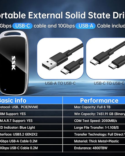 SSK 8TB SSD External Hard Drive, Portable SSD Drive up to 2000 MB/s, USB 3.2 Gen2X2 External Solid State Drives for iPhone 15/16 PRO、Mac、Phone OTG、Laptops with LED Indicator
