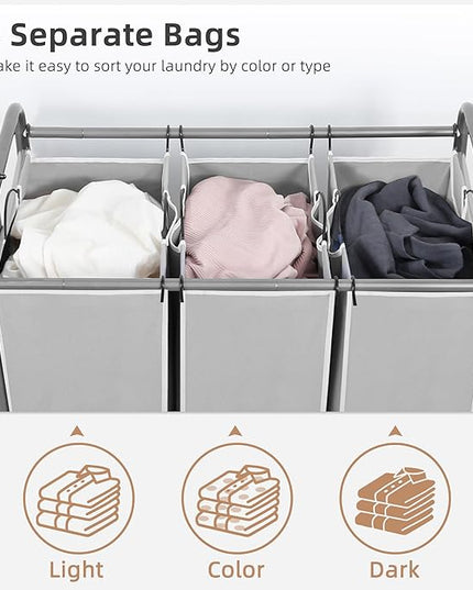 STORAGE MANIAC 136L Laundry Sorter with Hanging Bar, Portable, Removable Laundry Hamper Cart with Heavy Duty Rolling Lockable Wheels and Removable Bags, Rolling Laundry Basket Organizer, 3 Section