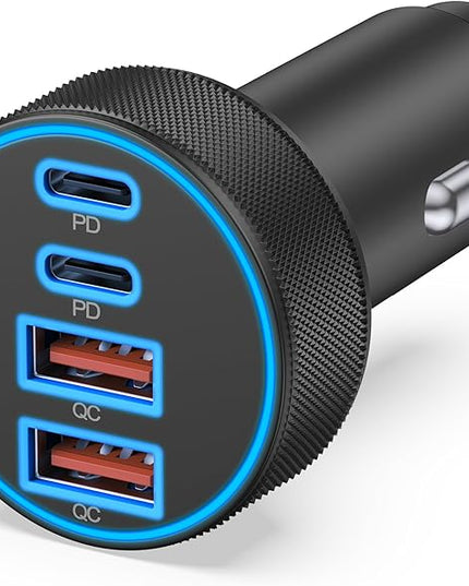 [4 in 1] USB C Car Charger, 4-Port 90W Super Fast Charging Cigarette Lighter Adapter, Dual 45W USBC & USB-A Multiport Car Phone Charger Accessories for iPhone 17 16 15 14 13 12, iPad, Galaxy, Tablet