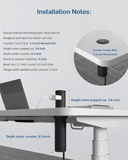 Pop up Outlet for Countertop,2.5 Inch Hole Desktop Power Grommet,Recessed Power Strip,20W USB C Fast Charging,4 Outlets 4 USB Ports,15Amp Tamper Resistant Receptacle for Home,Kitchen,Office Black