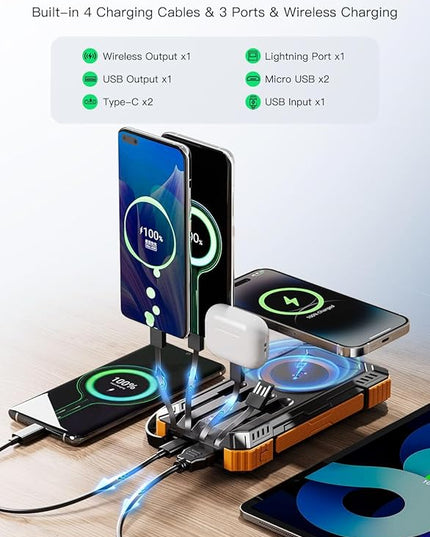 Solar Power Bank 49800mAh Wireless Portable Charger with USB-C 15W Fast Charging with 4 Built-in Cables LED Flashlight Battery Pack Compatible with iPhone, iPad, Smartphone,Perfect for Camping, Hiking