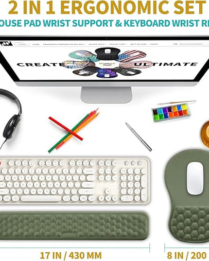 Hokafenle 2 in 1 Ergonomic Mouse Pad Wrist Support & Wrist Rest for Computer Keyboard Set, with Relieve Carpal Tunnel Pain Massage Bulge and Full Memory Gel Design (2In1 Set, Dark Green)