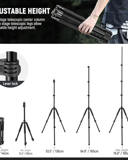 NEEWER Photography Light Stand, 1.5-6.4ft/47-195cm Aluminum Reversible Studio Lighting Tripod, Portable Phone Video Stand w/ 1/4" Screw for Strobe Light Camera Softbox, 4.4lb/2kg Load, ST195