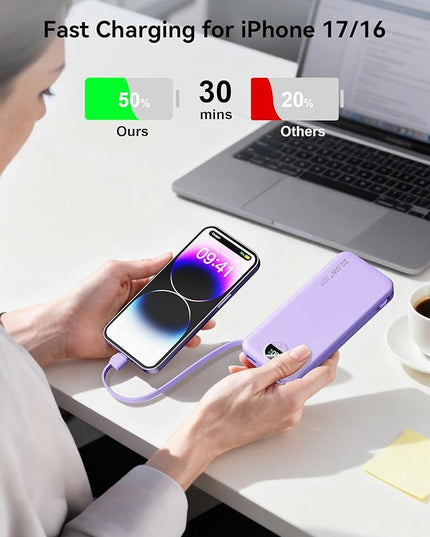 12000mAh Ultra-Portable-Charger-Power-Bank with Built in Cables&AC Wall Plug,PD20W USB-C Fast Charging Cell Phone Charger Battery Pack,LED Display Travel Battery Bank for All iPhone,Samsung,Android