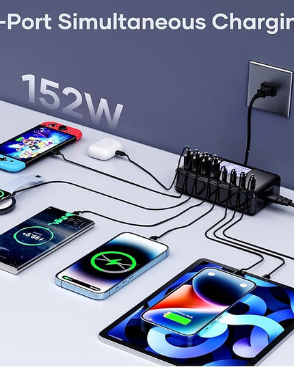 152W Charging Station, 8-Port Desktop USB-C & USB-A Charger Hub, 20W 4xUSB-C & 18W 4xUSB-A, Compatible With iPhone 15/14/13 Pro/Max, iPad, Samsung Galaxy Note S23