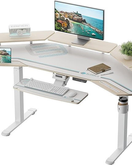 EUREKA ERGONOMIC Standing Desk with Keyboard Tray, Large Music Studio Gaming Desk, Wing Shaped Sit Stand Table 72'', LED Convertible Shelves, Dual Motor&Slot, Maple