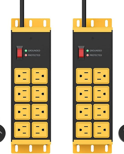 HHSOET 2 Pack Heavy Duty Power Strip 8 Outlets, Metal Wall Mount Outlet Strip 4800J Surge Protector, Garage Shop Under Desk Mountable 6FT Extension Cord Plug, ETL Listed