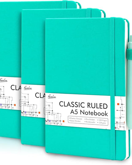 feela 3 Pack Notebooks Journals Bulk, Hardcover Notebook Classic Ruled Lined Journals with Pen Holder for Women Girls School Business Supplies, with 3 Black Pens, 120 GSM, 5.1”x8.3”, A5, Aqua