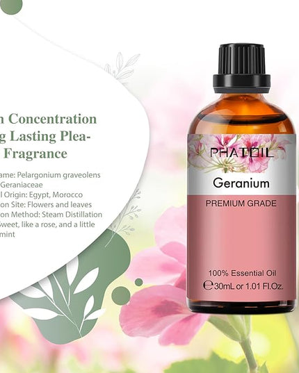 Geranium Essential Oil 1.01fl.oz/30ml, PHATOIL Premium Geranium Oils Long Lasting Scents for Aromatherapy, Diffuser, DIY Soap and Candle Making