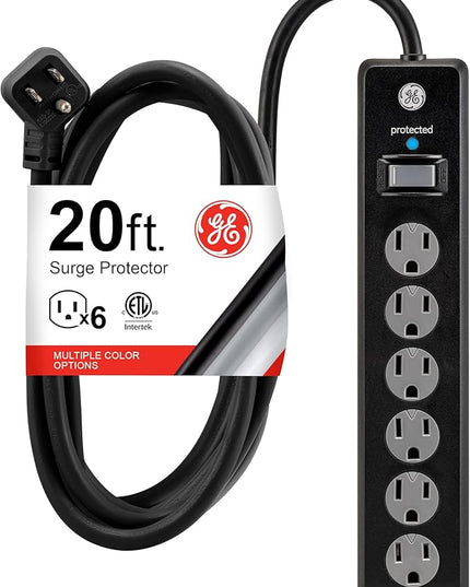 GE 6-Outlet Surge Protector, 20 Ft Extension Cord, Power Strip, 800 Joules, Flat Plug, Twist-to-Close Safety Covers, Protected Indicator Light, UL Listed, Black, 50769