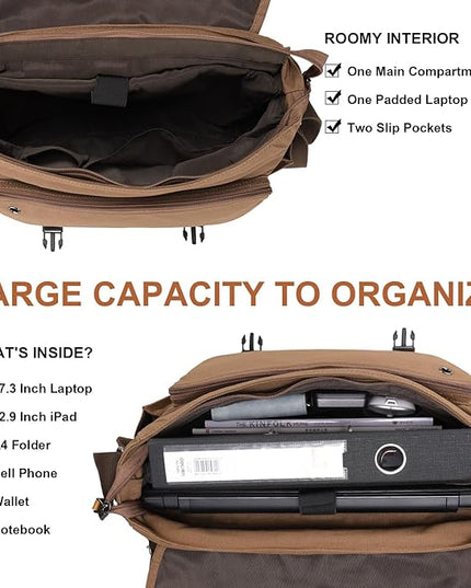 ESTARER Messenger Bag 17-17.3 Inch, Men's Computer Bag Water-resistant Canvas, Laptop Shoulder Bag for Travel Work College, Brown