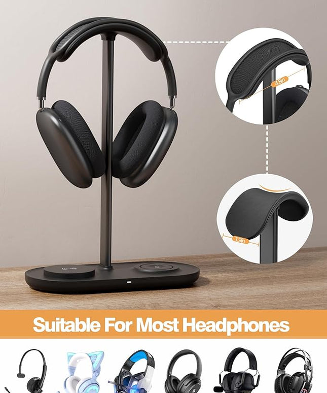 HiWe Universal Headphone Stand, Magnetic Wireless Charger for iPhones/AirPods/iWatch, Aluminum Alloy Rod, Leather Pad, ABS Solid Base, Black