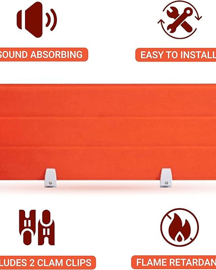 Desk Divider Panel, 34.6" x 11.8", Orange – Clamp-On with 2 T-Clips, Soundproof Noise Reducing Privacy Screen for Office or Home Desk, High Quality Polyester