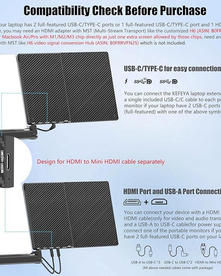 KEFEYA 14'' Triple Laptop Monitor Extender with Metal Base, 360° Rotation 1080P Portable Laptop Screen Extender for 12-17.3'' Laptops-Compatibility for Windows, Surface, MacBook, Switch, Plug & Play