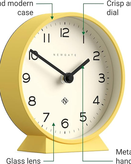 NEWGATE® M Mantel Echo Desk Clock | Modern Round Design | Yellow | Easy to Read Numbers | Contemporary Style for Desk, Table, Shelf or Bedside