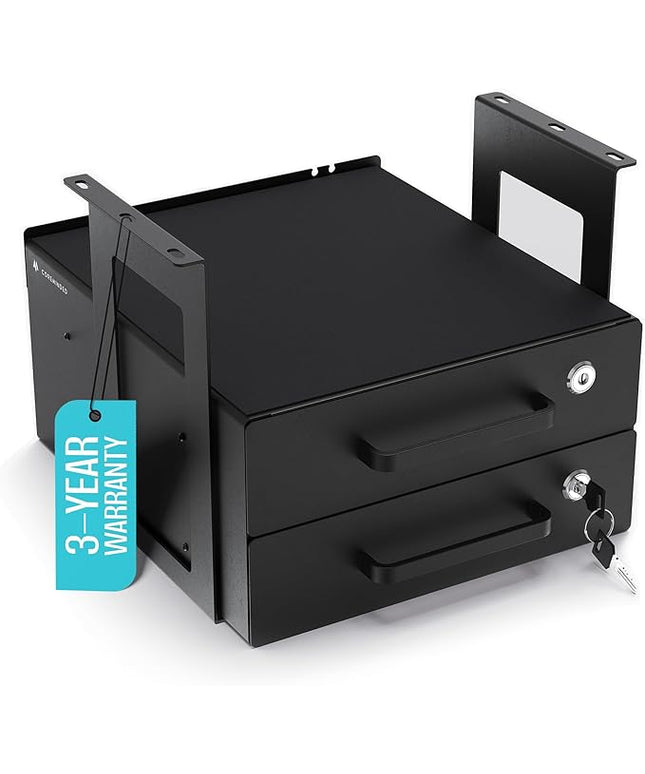 Under Desk Drawer Slide-Out – Lockable Metal Storage Drawers with Cable Management for Office & Home (Double, Bracketed)