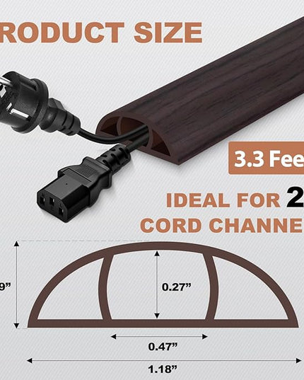 Floor Cord Cover for Wires on Floor Self Adhesive Cord Hider Floor Cable Management Wire Covers for Cords Protector Prevent Cable Trips Cord Cavity W 0.47" x H 0.27", Black Walnut, 3.3Ft