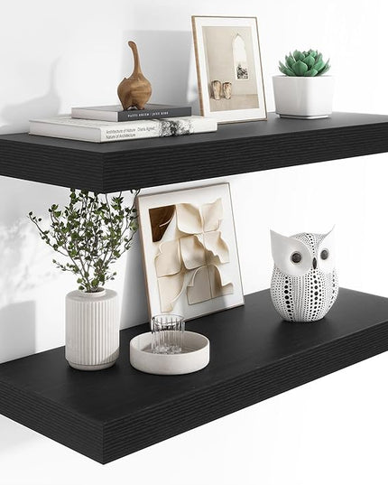 Heimlove 12" Deep Floating Shelves, 36 x 12 Inch Wall Mounted Long Floating Shelf with Invisible Brackets, for Home Decor, Bedroom, Kitchen, Living Room, Bathroom - 2 Pack, Black