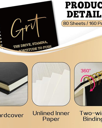 YAZMEEN Inspirational Black Gold Spiral Notebook（160 Pages） Grit Definition Blank Hardcover Notebook Office Journal Gift Funny Encouragement Gift for Women Men Employee Colleague Boss Office Worker