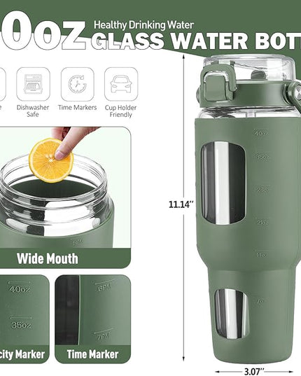 BLUEGO 40oz Glass Tumbler with Lid and Straw, Glass Water Bottles with Handle, Glass Cup with Time Marker and Silicone Sleeve, Fits Most Cup Holder, Leak-proof, Olive