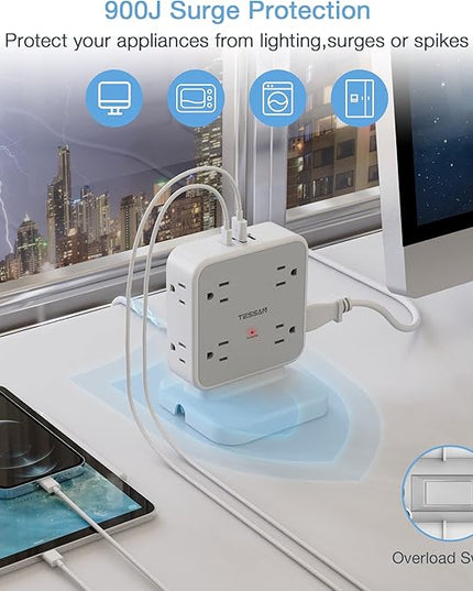 Power Strip Tower Surge Protector, TESSAN 8 AC Outlets with 3 USB (1 USB C Port), 5 FT Flat Plug Extension Cord with 900 Joules Protection, Desk Charging Station for Home Office Supplies, Dorm Room