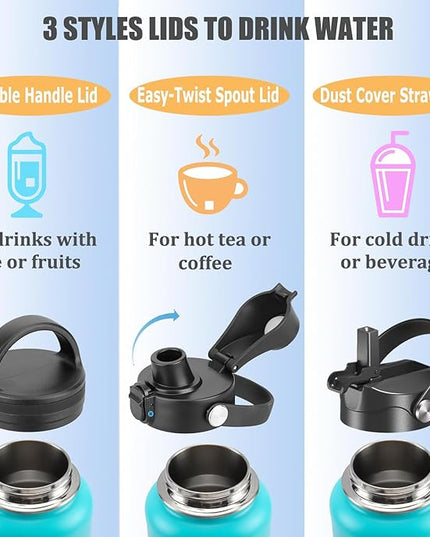 Water Bottle Insulated 32oz 40oz 64oz 128oz Straw Lid Spout Lid & 3 Lids, Leak Proof, Vacuum Insulated,Stainless Steel Water Bottle Wide Mouth for Sports, Gym or Office
