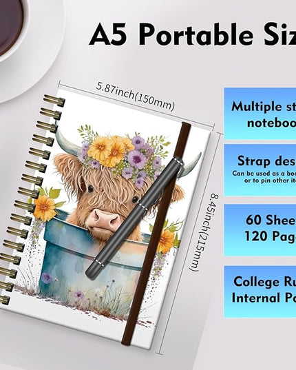 Cute Spiral Journal Notebook,A5 Hardcover Lined Journals for Women Girl 6 x 8.3 in,120 Pages Thick Paper,Cute College Ruled Writing Notebook for Gifts Office Work School (Cute Cow)