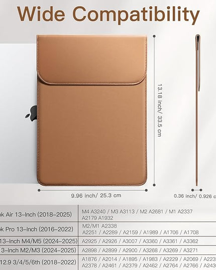 JETech Slim Laptop Sleeve for MacBook Air 13-Inch (M4/M3/M2) 2022-2025, MacBook Pro 13-Inch (M2/M1) 2016-2022, PU Leather Case (Brown)