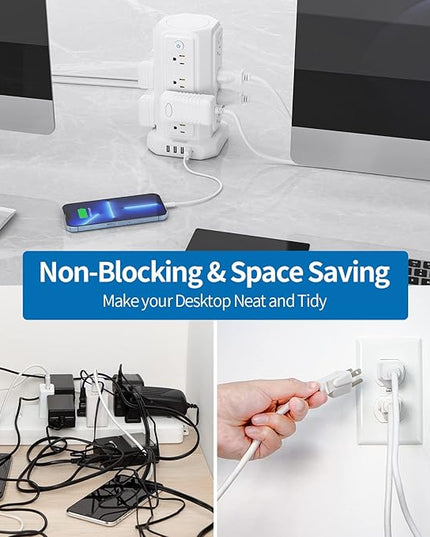 10 FT Extension Cord Power Strip Tower, 16 Widely Outlets 1875W 15A, Flat Plug Surge Protector with 4 USB Ports, Individual Switches, 1080 Joules, Overload Protection for Home Office Desktop, White