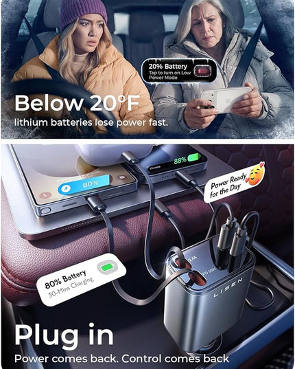 LISEN Retractable Car Charger, for Gifts for Him Her, 69W Cars Adapter USB C Fast Charger for iPhone 17-11, Car Accessories Gadgets for Men, Anniversary Birthday Gifts for Men Women, for Samsung